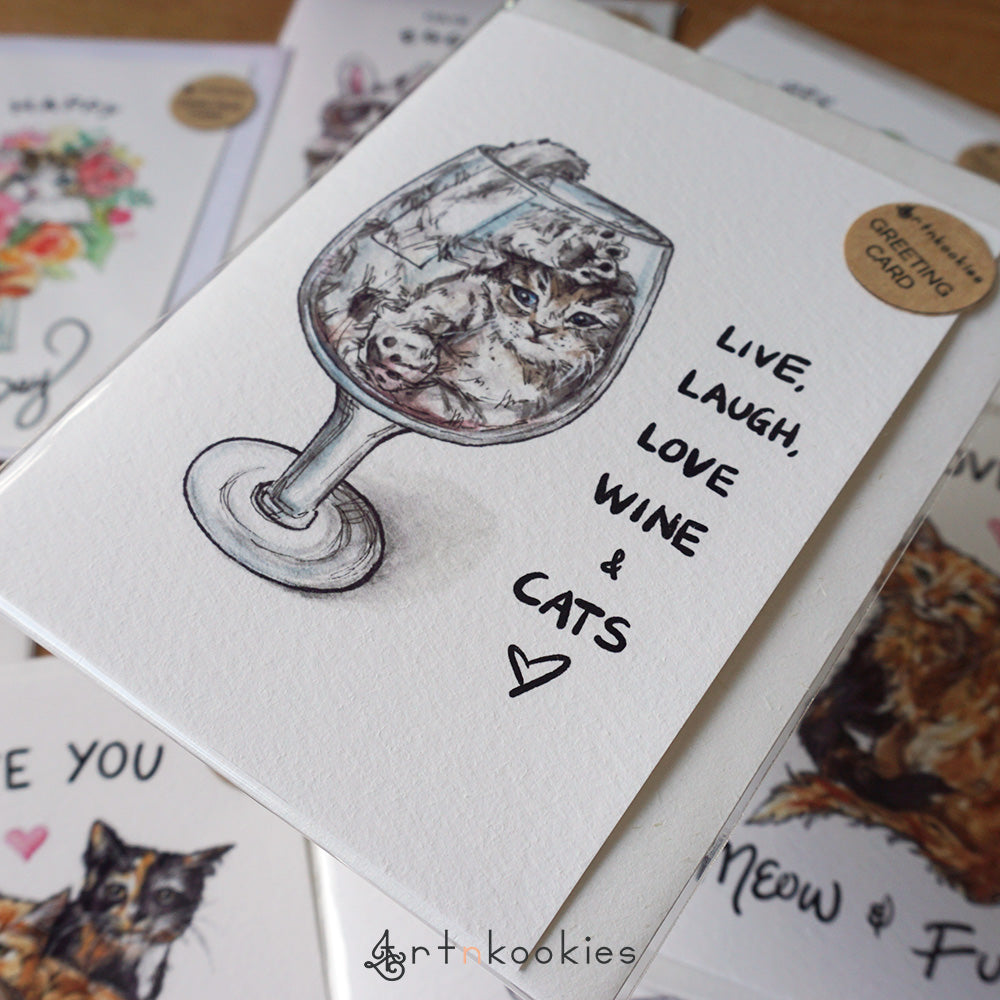"Live, Laugh, Love Wine & Cats" Greeting Card