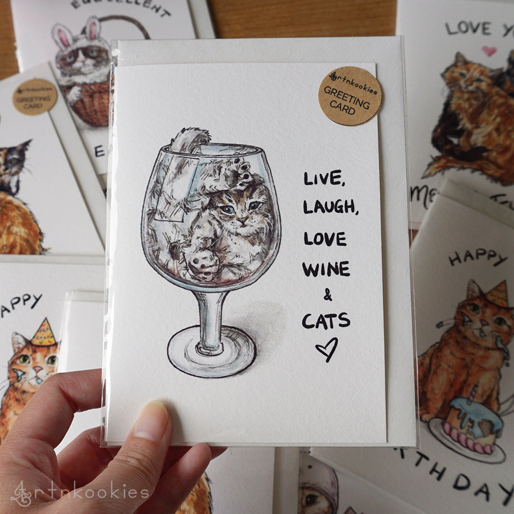 "Live, Laugh, Love Wine & Cats" Greeting Card