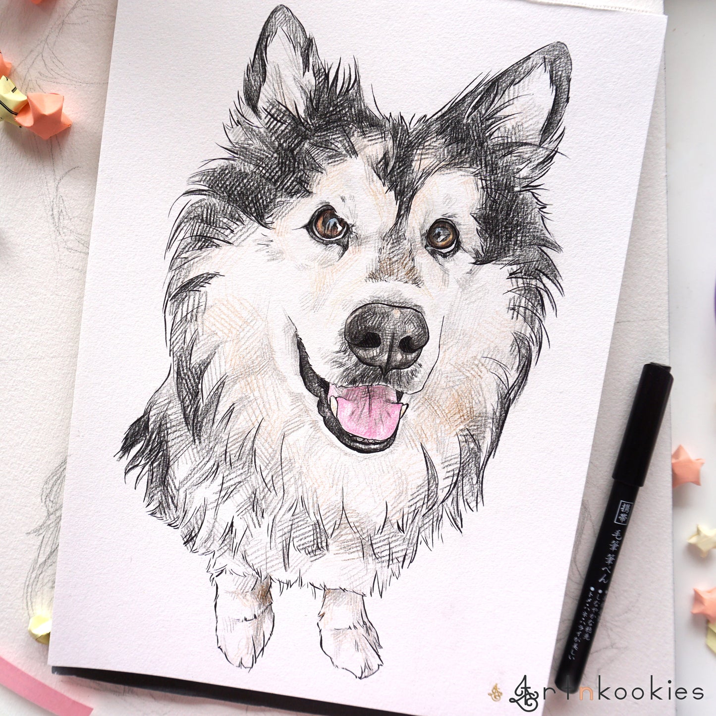 Ink and Colour Pencil Pet Portrait