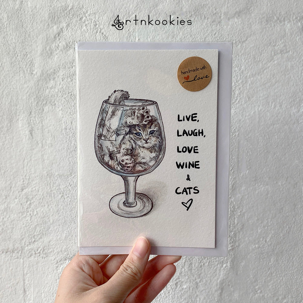 "Live, Laugh, Love Wine & Cats" Greeting Card